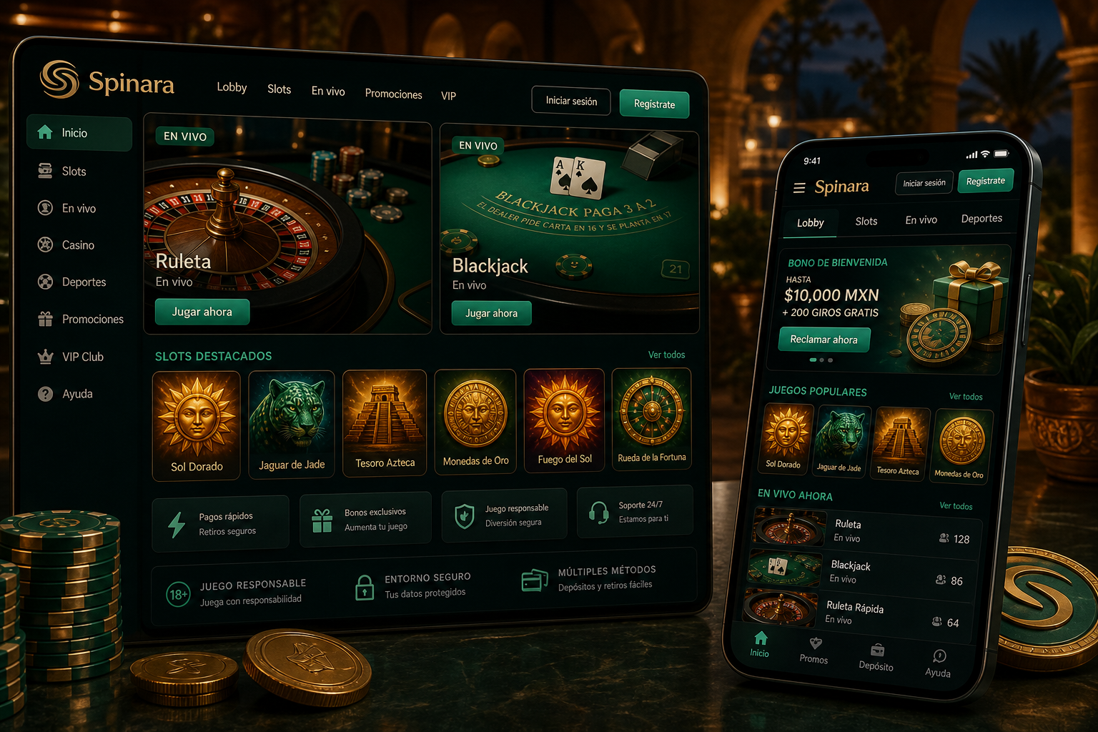 Live casino y slots separados por intención de juego.